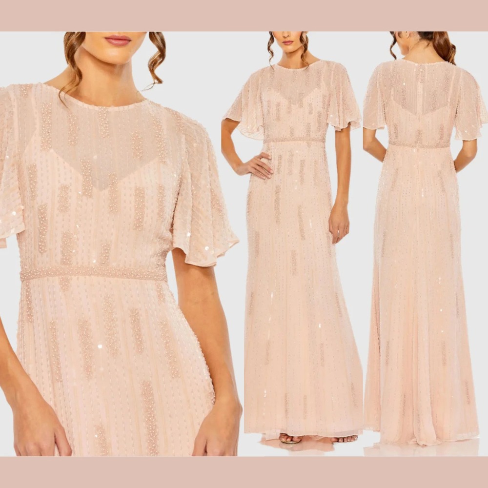NWT Mac Duggal [ 6 ] 11014 High Neck Flutter Sleeve Embellished Gown Rose #S1880